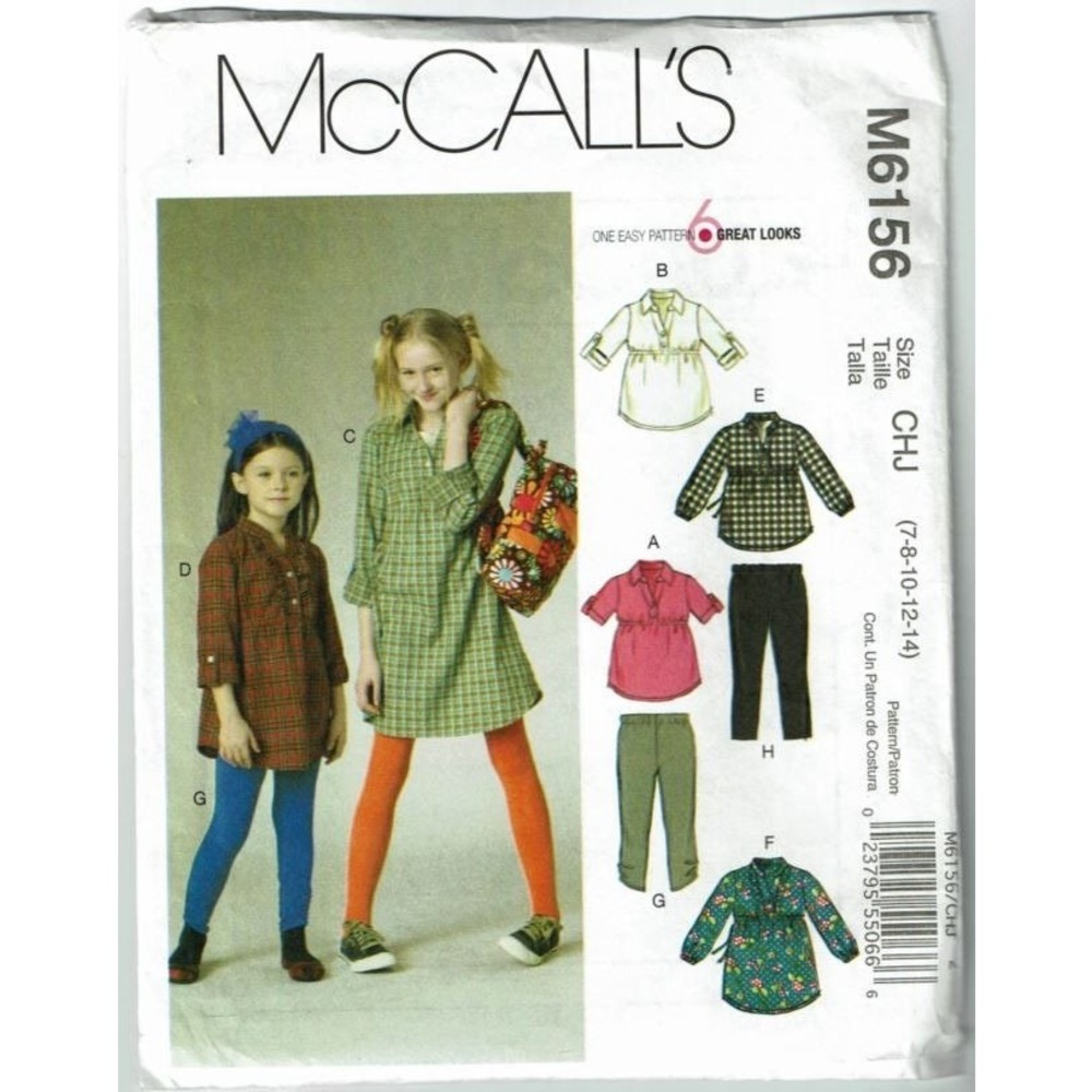 McCalls Sewing Pattern 6156 Girls Size 7-14 Top Dress Leggings Uncut FF